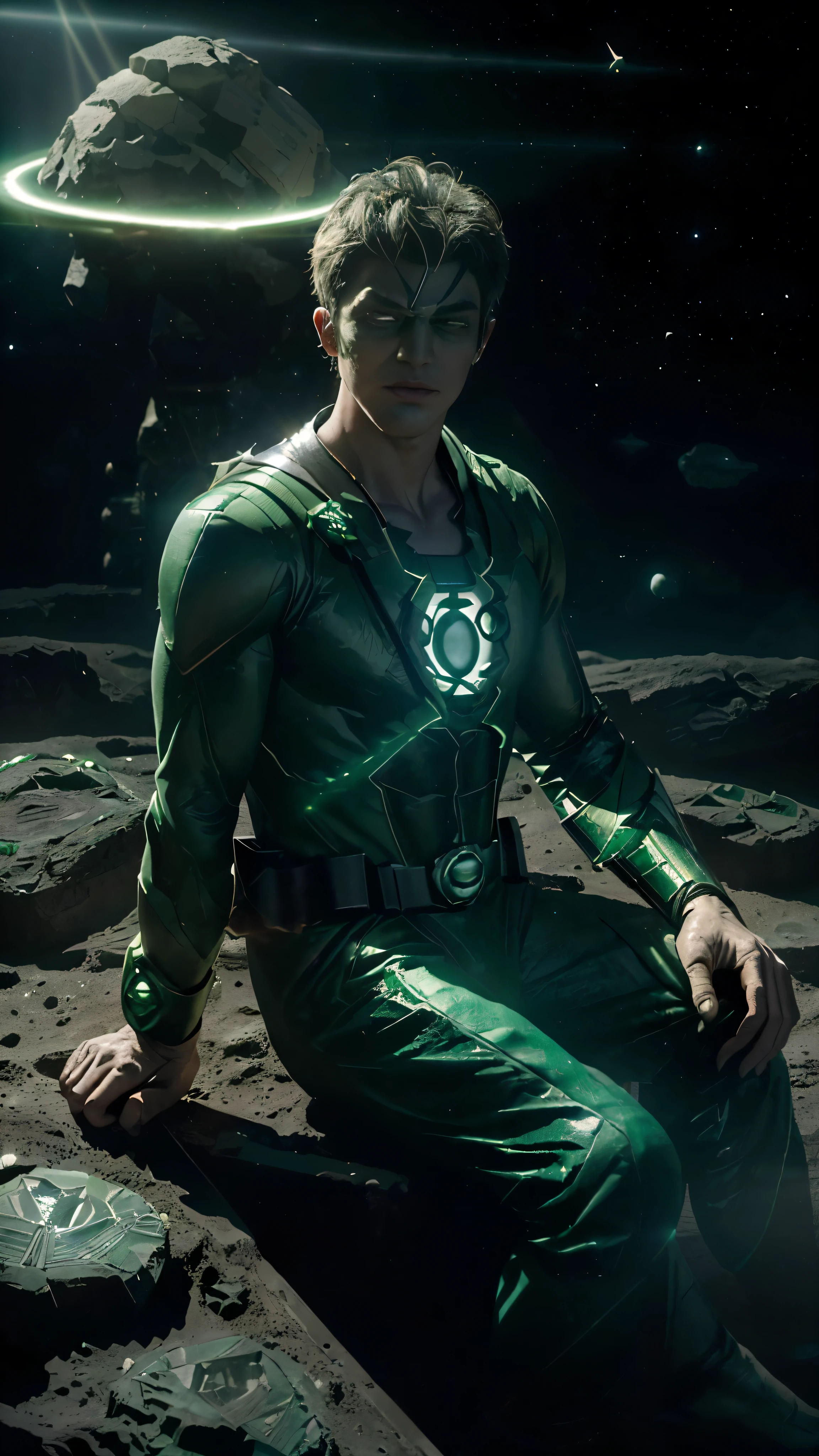 ((Green Lantern:1.2)), ((sitting:1.5)), on ((research platform:1.5)), in the ((asteroid belt:1.37)), surrounded by ((glowing asteroids:1.4)), with ((fiery aura:1.4)), in the background. Dramatic ((lighting:1.5)) from ((distant stars:1.4)) and ((planets:1.37)) illuminates the scene, casting long shadows on the ((costume:1.37)). The young ((Green Lantern:1.2)) exudes ((confident:1.5)) and ((determined:1.5)) energy