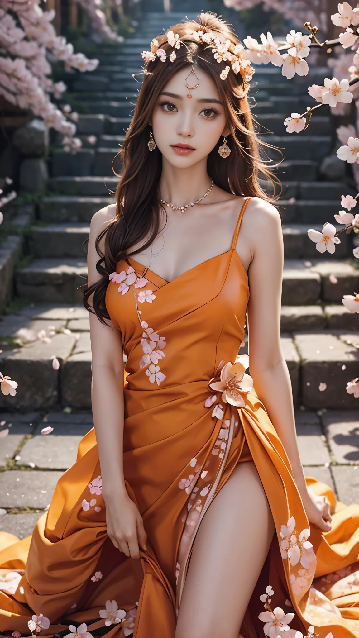 4K, Ultra HD, Masterpiece, 1 girl, (good face:1.4), detailed eyes, very long hair, princess dress, (orange dress:1.5), ((bare waist)), (wearing jwellery:1.5), (cherry blossom:1.5), (bloom effect:1.5), Detailed Fantasy Art, Stunning Character Art, beautiful Exquisite Character Art, Beautiful, Extremely Detailed, Exquisite Intricate Headdress and Jewellery, perfect body, looking directly at the audience, attractive pose,