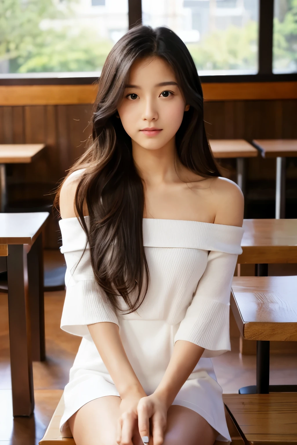 masterpiece, high-quaiity,(Correct Anatomy),Raw Photos, Photorealistic、Cute face,well-proportioned face、Embarrassed look,High resolution,Super detailed,Fine details,Very detailed,very realistic eyes and face,Realistic students,Sharp Focus,natural light,day light,high quality,(Japanese)、She's cute like a Korean idol,Black Hair,(White off-the-shoulder dress),(Lifting the hem of her dress),The front of the body is facing the camera、the body foward to camera,sitting at a restaurant、Spreading her legs,(spread legs wide),(She has her legs spread apart, exposing her crotch),(12years old),、(girl),solo,long hair,Long Hair,Knees spread wide,Thighs wide apart,Looking at the camera,flat chest,Narrow waist