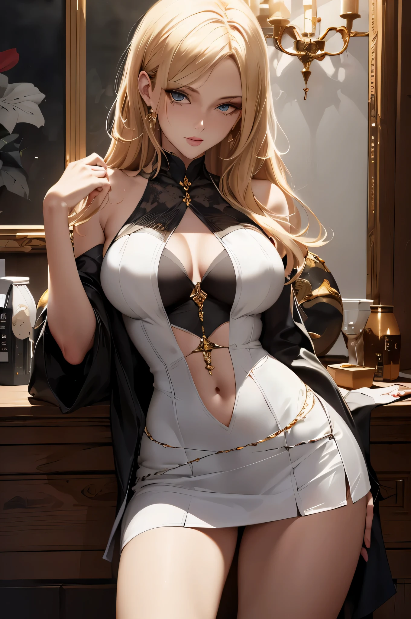 High resolution, masterpiece, look here, a very realistic image of a beautiful blonde with an hourglass figure, painted by a professional ukiyo-e, leaving little to the imagination, a slim girl, nice legs, well-fitted body , a very short skirt, exudes sensuality, framed by long eyelashes, accentuated by delicate makeup, her gaze captures yours with such intensity that it sends shivers down your spine, lips slightly parted. She exudes a mysterious aura, her golden hair curling around her fingers and her eyes dancing mischievously, seducing you with every move.