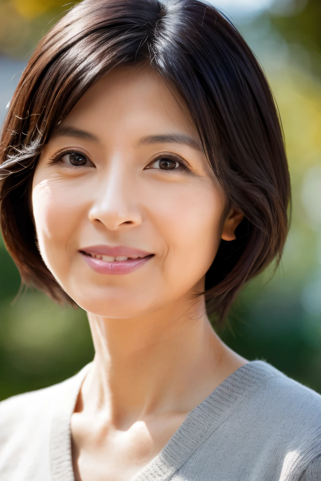 portrait, 8K, high quality, realistic photo image, Japanese woman, 40 years old, neat and clean wife, housewife, lovely wife, small breasts, very thin waist, reproduce natural and realistic eyes, cute face, detailed face, smile, beautiful black hair, octane rendering, beautiful lighting, golden ratio composition, casual clothes, sober clothes, casual attire, natural background, blurred background, light makeup, mature woman, background blur