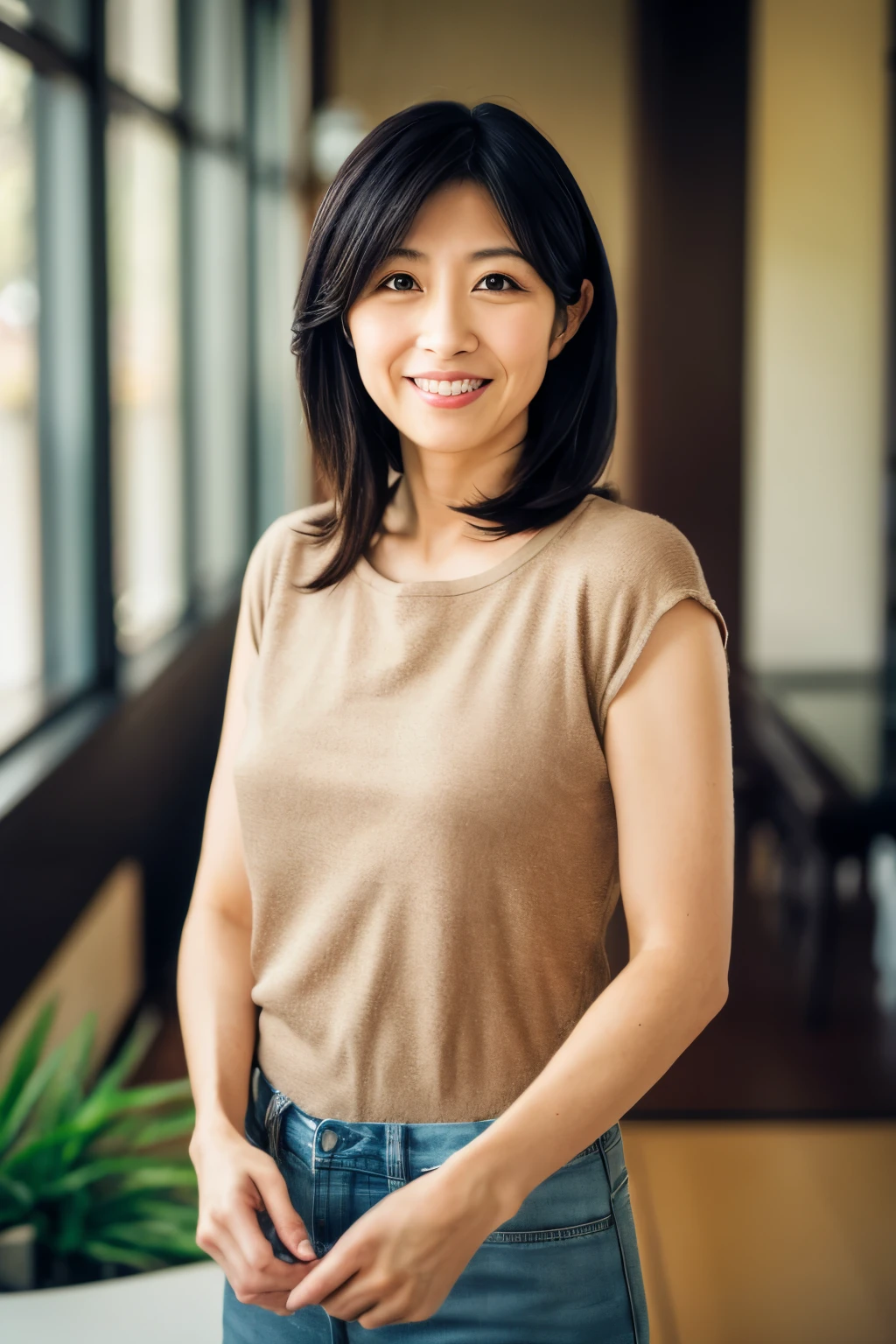 portrait, 8K, high quality, realistic photo image, Japanese woman, 40 years old, neat and clean wife, housewife, lovely wife, small breasts, very thin waist, reproduce natural and realistic eyes, cute face, detailed face, smile, beautiful black hair, octane rendering, beautiful lighting, golden ratio composition, casual clothes, sober clothes, casual attire, natural background, blurred background, light makeup, mature woman, background blur