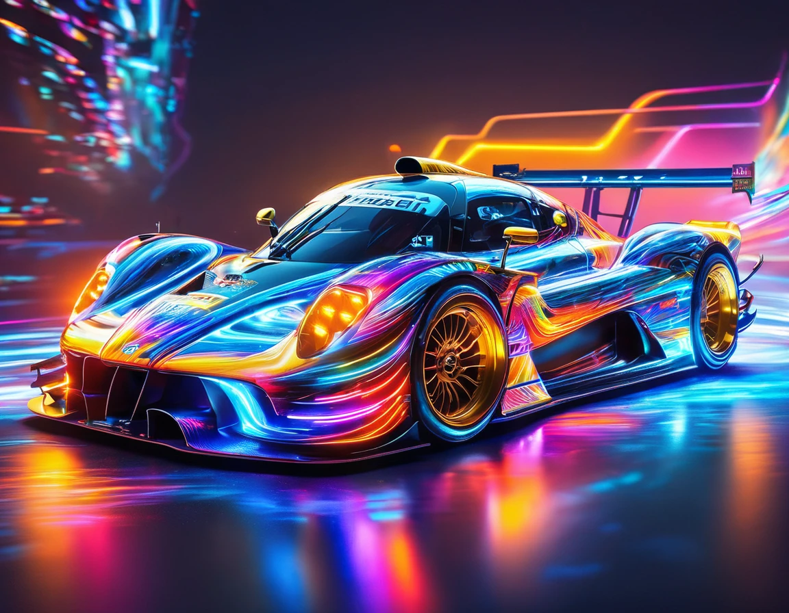 ((Exhilarating sense of speed)),Capture the thrilling moments of a sophisticated Racing Car racing through a vibrant circuit field. Each line and curve of the car&#39;s aerodynamic body is、フォトリアルなディテールで細心の注意を払ってrenderingされています。. The circuit field casts lively and long with rich contrasting colors., dynamic shadows on the track. If you pay attention to the shiny metallic car body,, Metallic light reflects coldly, Exhilarating sense of speedを生み出す. The realistic masterpiece of the wind blowing through the circuit field is a top-notch masterpiece that is a must-see for race fans.,Rich colors,rendering,colorfulな呪文を唱える,beautiful halation effect,Racing Car,Structurally correct,colorful,nice,Highest,masterpiece,Highest品質,hologram,neon lines,powerful,Highestの構図,With the curve of light((Motion Blur))Expressing,Expressing a sense of speed with light,