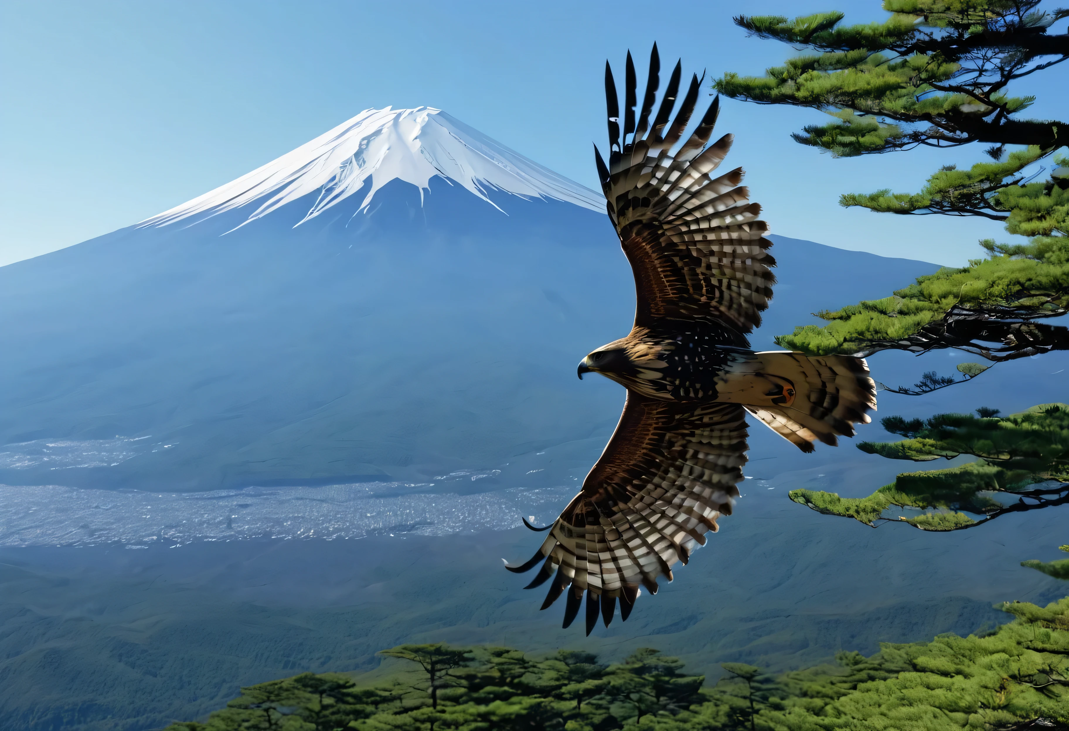 hawk is flying, One beautiful, high resolution, high quality, master piece, Brave, photo, 8K, Around the sea of trees on Mt. Fuji,