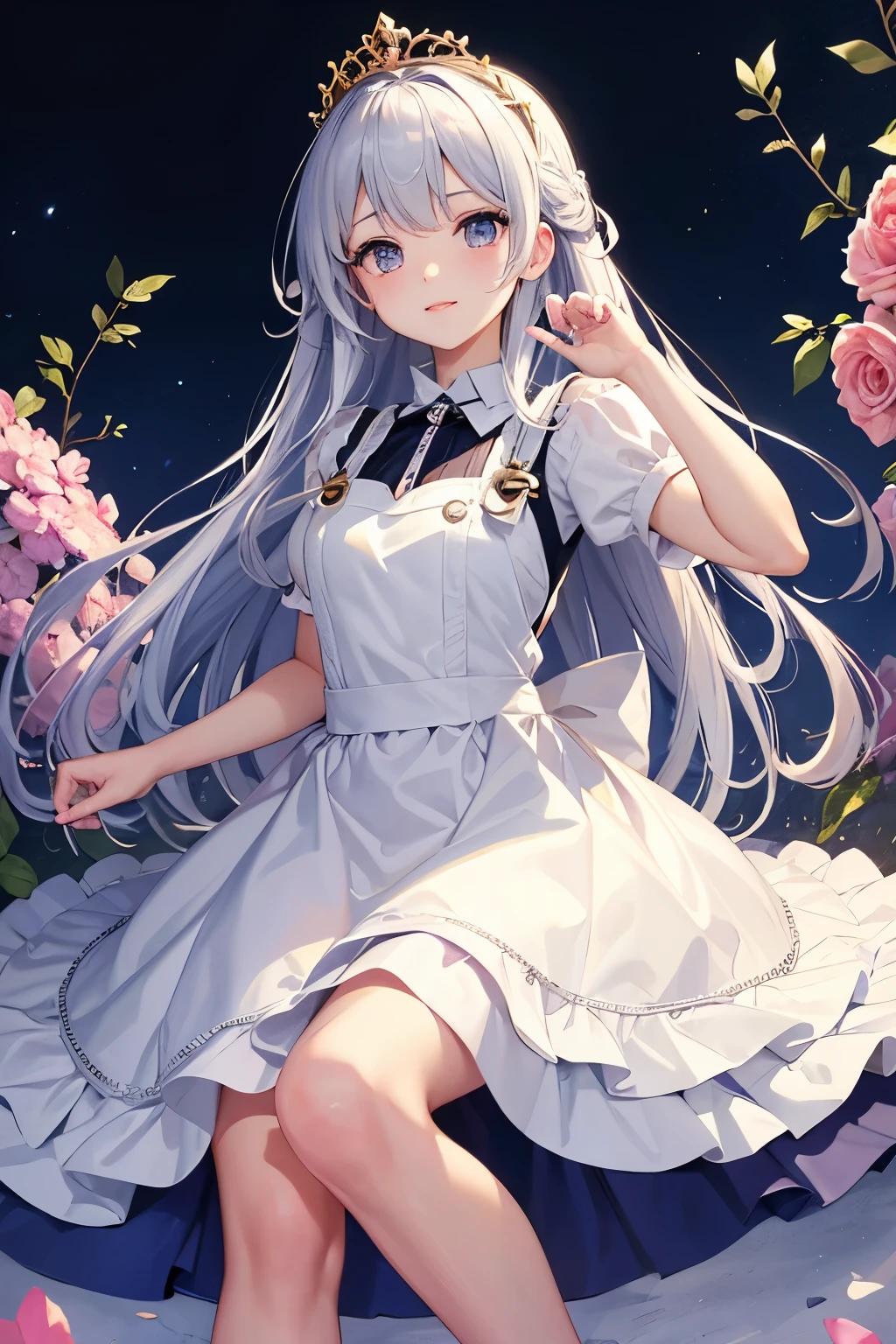 (((highest quality、Masterpiece、Normal body、8k、Detailed face、Ultra-precision、Normal hand、Normal finger、5Finger、supreme)))Golden and silver hair、Princess、Princessドレス、Princessスカート、Princessティアラ、Princessアーマー、Princessブーツ、Princessソード、Princessナイト、Overall view、Torn Dress