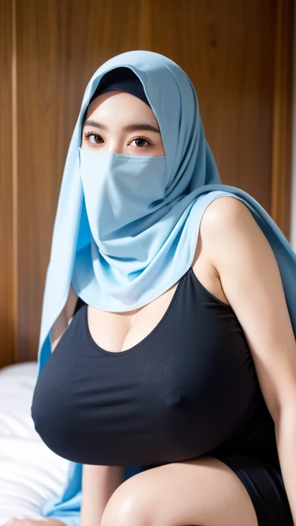 a beautiful young woman hijab, (((super big breast))), (very big breast covered),Large open neckline、thigh legs, perfect face, (((very huge big breast,))), curvy shaped body,
cleavages,((( Gigantic Breast))) long sleeveless dress muslim, (((covering mouth, long veil))), ((Big big breasts))、large open neckline, Slim Face、20 years old, stil young, Pretty Lady, smile eyes, bedroom, sitting, (big breast) , see full image