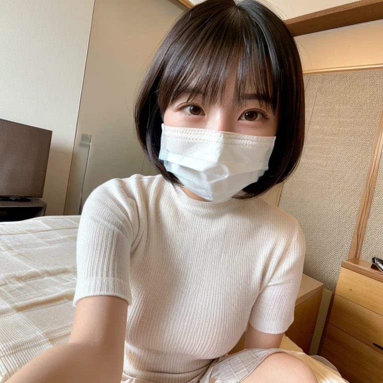 Bob Hairstyle、selfie from above、More natural selfies、Selfie taken with an iPhone、((Selfie style in my room)),((student))、((very young))、((very cute))、((So adorable))、((Please wear a white non-woven mask)),highest quality, masterpiece, Ultra-high resolution, (Realistic:1.4), RAW Photos, Very detailed, Perfect Anatomy, 1 girl, 18-year-old, Famous Japanese Idols, Front view, Crotch close-up,, ((Accentuate your breasts))