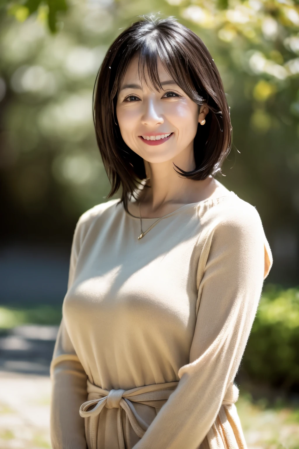 portrait, 8K, high quality, realistic photo image, Japanese woman, 40 years old, neat and clean wife, housewife, lovely wife, small breasts, very thin waist, reproduce natural and realistic eyes, cute face, detailed face, smile, beautiful black hair, octane rendering, beautiful lighting, golden ratio composition, casual clothes, sober clothes, casual attire, natural background, blurred background, light makeup, mature woman, background blur