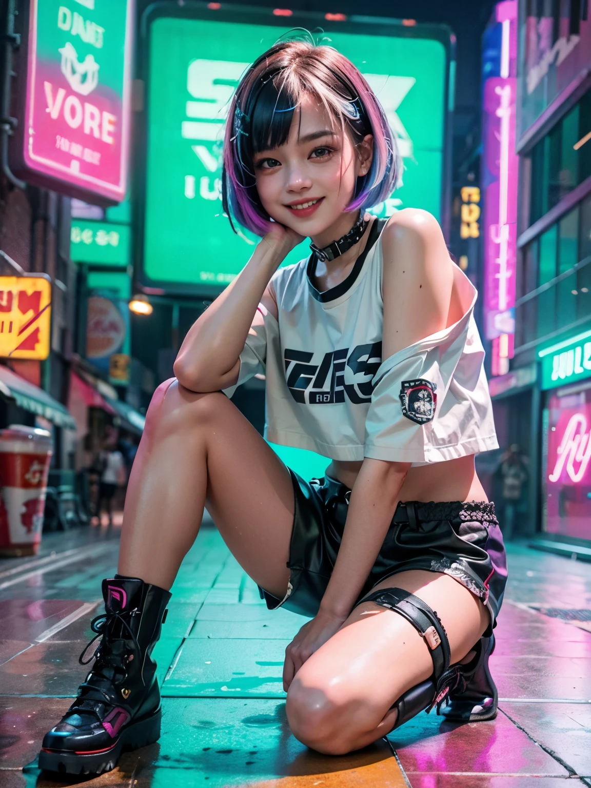 A colorful Bob cut haired punk girl, smooth white skin, innocent look, 15 years old, Ultra high res, uhd, (photorealistic:1.4), cyberpunk outfit, wink, smiling ear to ear, neon lighting, wearing short pants, colorful leather boots, full body shot, head to toe, fish eye lens, vogue pose