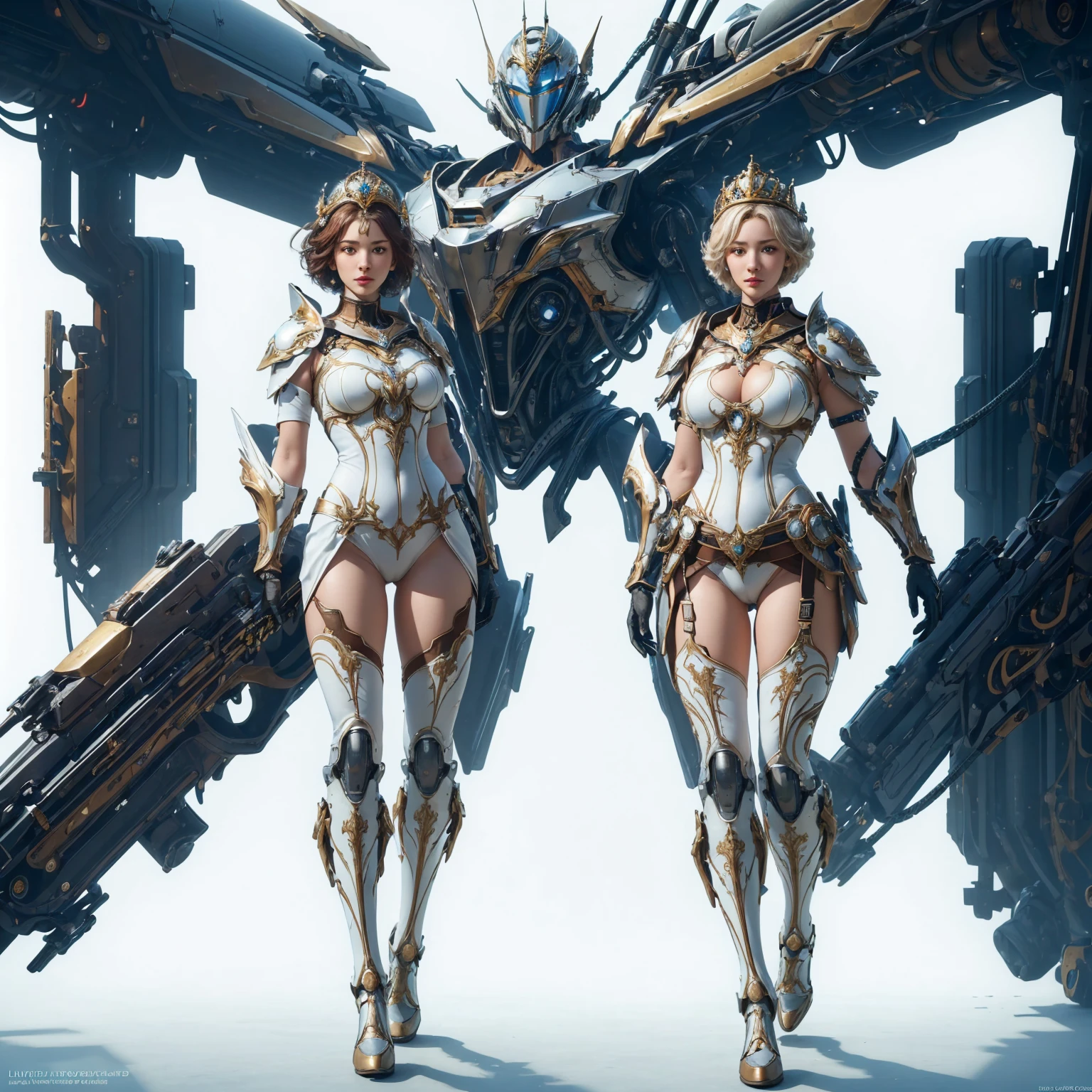 ((Shooting from front)), (full body), Standing, (masterpiece, best quality:1.3), extremely high detailed, realistic, real person, ultimate-realistic, ultimate-realistic details, ultimate-realistic texture, realistic light source, realistic shadow, intricate, 8k, HDR, wallpaper, cinematic lighting, (universe), glowing, a woman in shining mecha armor(royalty ornate) full helmet, gloves, (Gorget Plackart pauldron :1.3), lace underware, short hair, huge-breasted:1.5, slippery ((white background)), futuristic, modern (high detailed skin:1.1), wide angle.