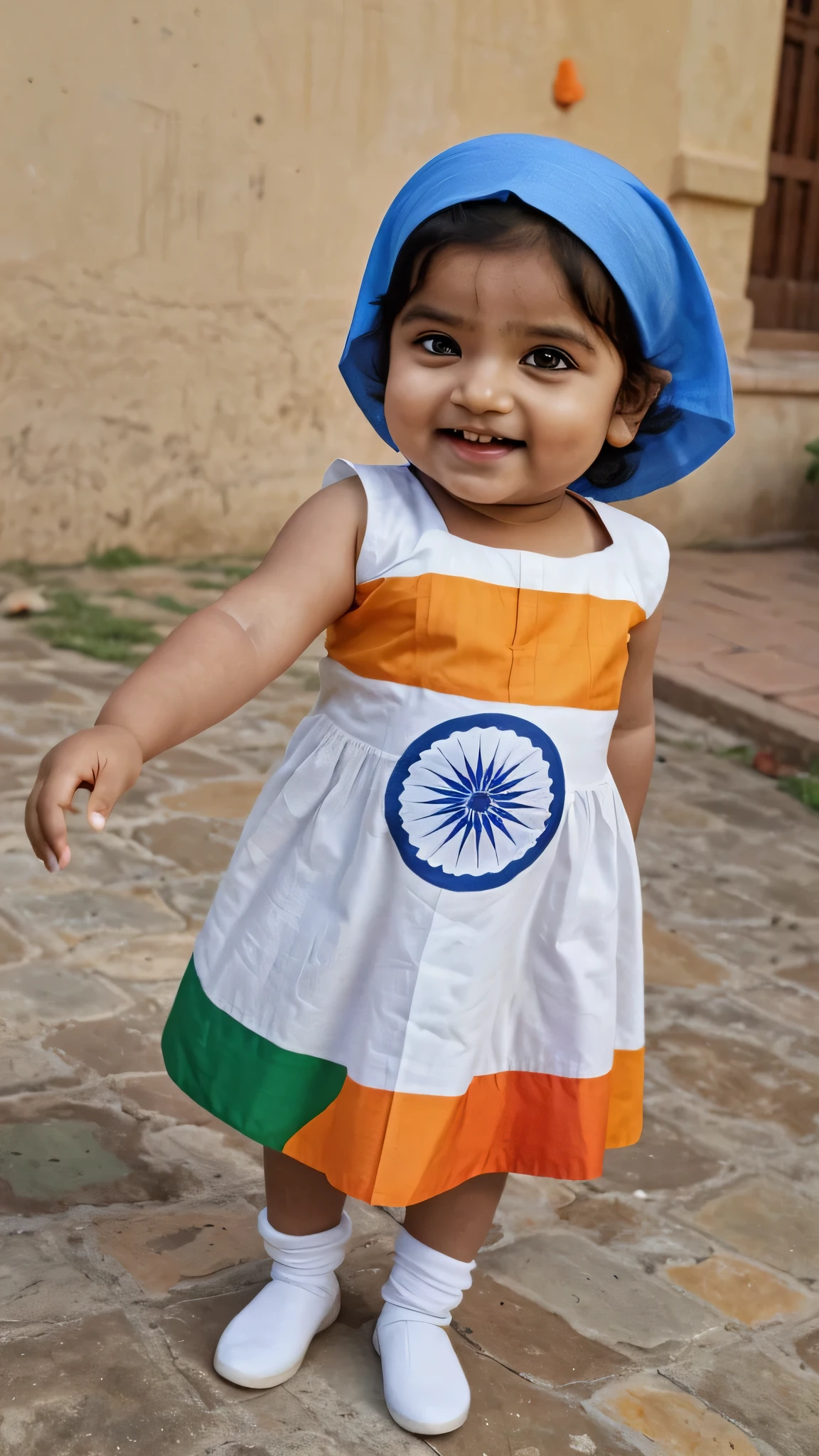 cute smiling indian  with dress made of indian flag, background indian flag, detailed , 4k realistic 3D photo 