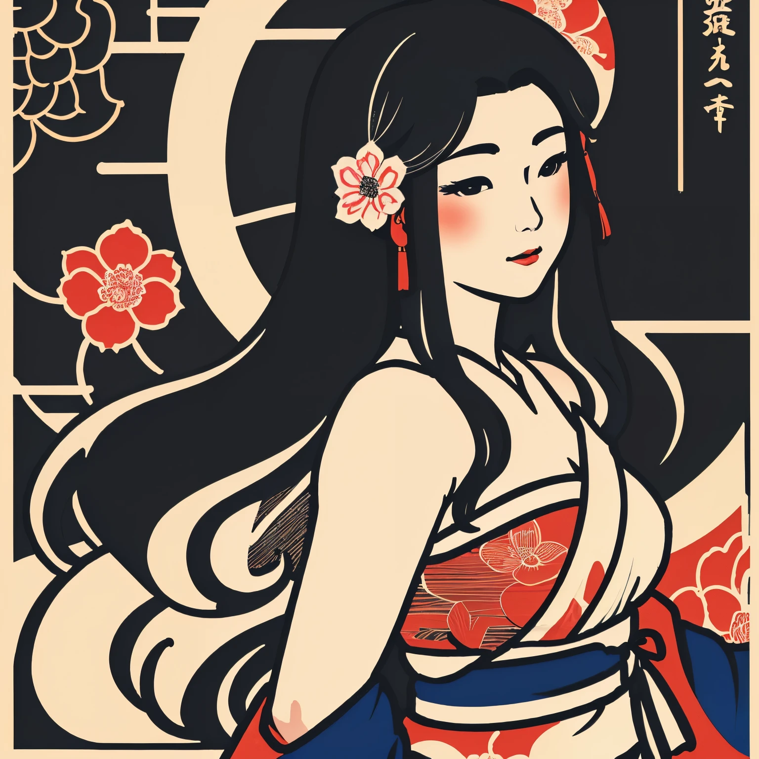 Art vintage japonais, Conception de t-shirts, art vectoriel, art plat:1,4. \\ (japonaise, en kimono, ukiyo-e, couleurs, printemps , bare shoulders, belles formes,very long hair, regarde au loin, de profil, : 1.2