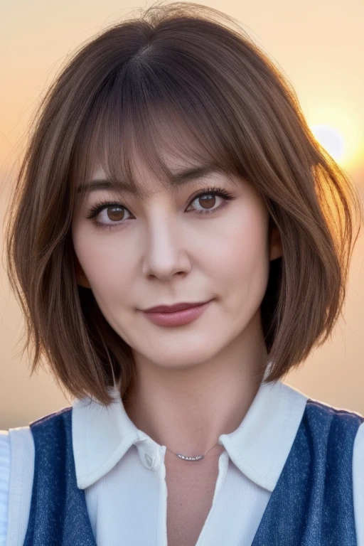 ((highest quality, High resolution)))), Very detailed8K,A middle-aged Japanese woman with a glamorous body, around 45 years old, (Ultra HD, Very detailed, Very detailed, Very realistic, Ultra-Realistic Skin, Realistic photos), (1 girl:1.5), Wavy long hair with highlights, Bobcut, (Dynamic pose), An excited look、To the camera, A light smile, Purple eyes, (Nadium Chest: 1.2), (Beautiful and elaborate face, Fine and beautiful eyes), (A slightly larger white vest, Thin material), Cleavage, dark denim shorts, Shine, dripping sweat, (Sunset, sunlight),naked,nakedの胸