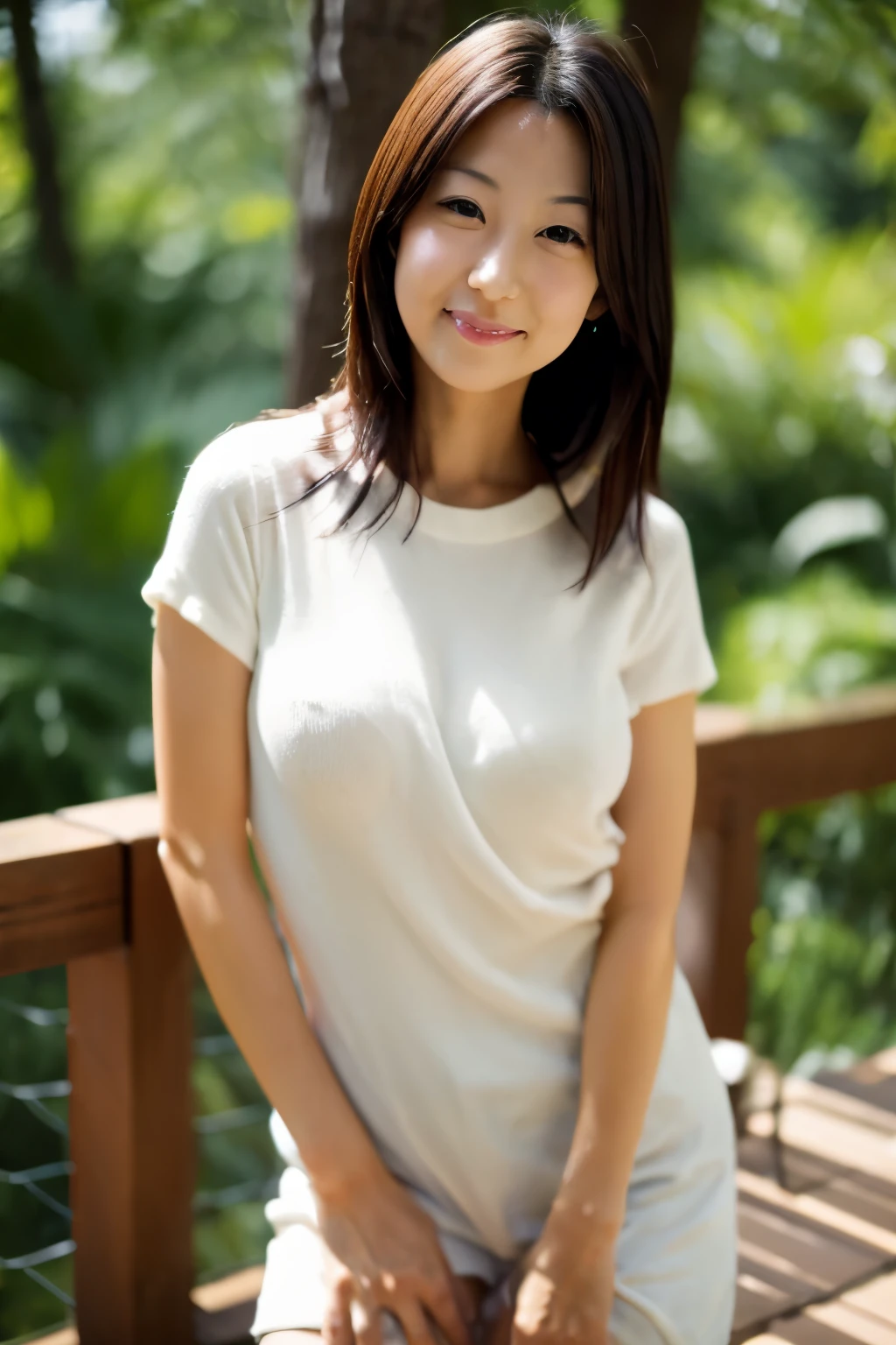 portrait, 8K, high quality, realistic photo image, Japanese woman, 40 years old, neat and clean wife, housewife, lovely wife, small breasts, very thin waist, reproduce natural and realistic eyes, cute face, detailed face, smile, beautiful black hair, octane rendering, beautiful lighting, golden ratio composition, casual clothes, sober clothes, casual attire, natural background, blurred background, light makeup, mature woman, background blur