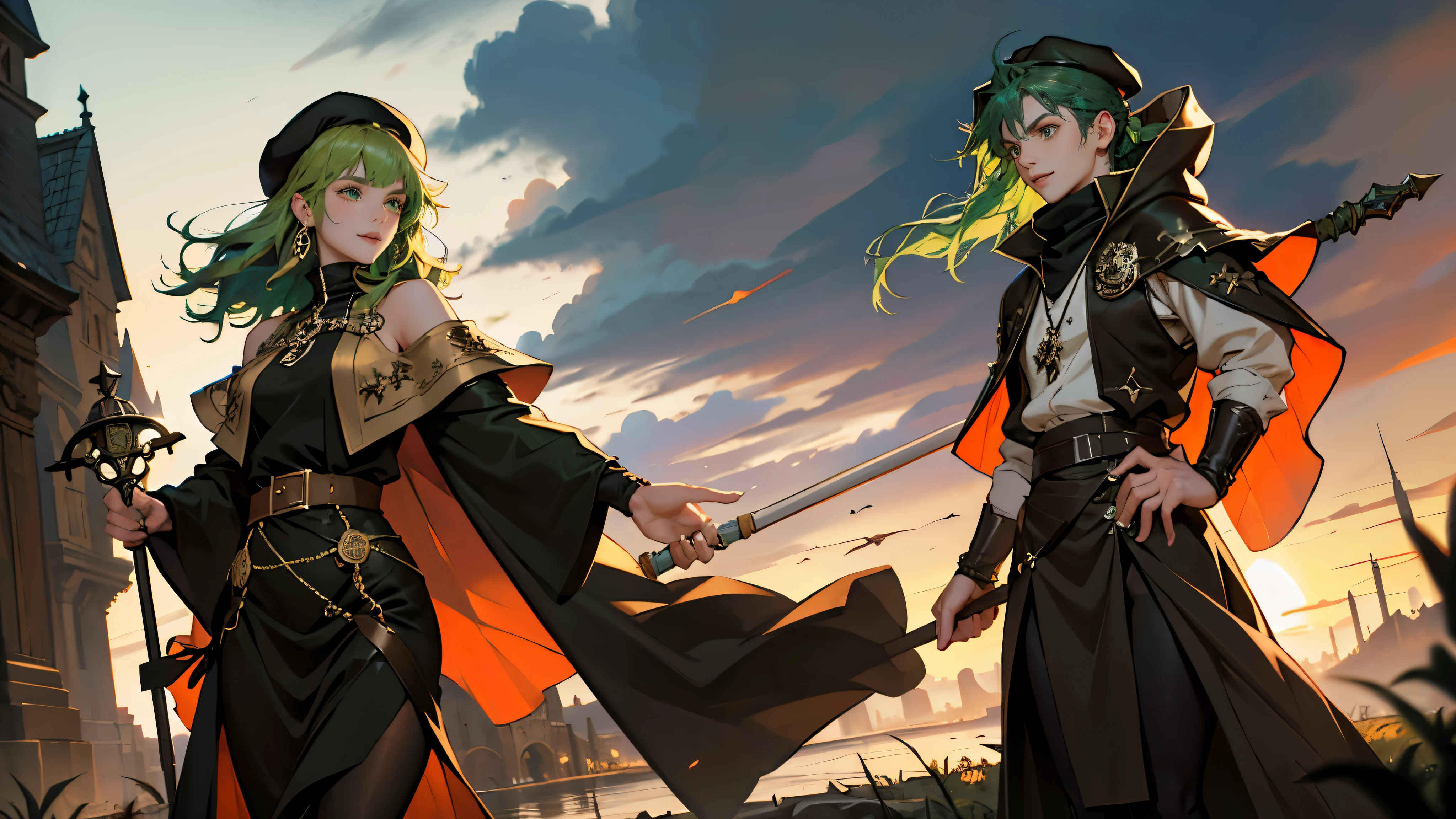 masterpiece, ultra detailed, 8K Portrait, Raw photo, a portrait photo of, Highly detailed face, beautiful and meticulous eyes, ((Fantasy)), Young beautiful, 22 years old, smile, dynamic pose, (((Long Straight deep green hair))), ((One side is woven with orange ribbon)), blunt bangs, beret, White skin color, Luxury, hooded (((dark brown))) (((silk long cloak))) fluttering in the wind, (((dressed shirt))), (((maxi skirt))), (((dark thigh high tights))), high cut leather boots, (((lift up long magical staff))), ((equip a pocket watch)), Body model, Small breasts, Beautiful breasts, Long legs, morning Sun, Hyper realistic, in a castle, Ambient lighting, Shadow details, strong breeze, Light fog