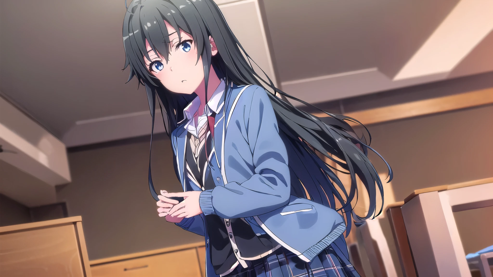 yukinoyukinoshita, Yukino yukinoshita, Black Hair, blue eyes, Long Hair, Ahoge, (Small breasts:1.2), break blazer, cardigan, Jacket, Plaid, Plaid skirt, , skirt, The room is expensive , break indoors, classroom, break looking at viewer, (Cowboy Shot:1.5), break (masterpiece:1.2), highest quality, High resolution, unity 8k wallpaper, (figure:0.8), (Beautiful fine details:1.6), Highly detailed face, Perfect lighting, Highly detailed CG, (Perfect hands, Perfect Anatomy),