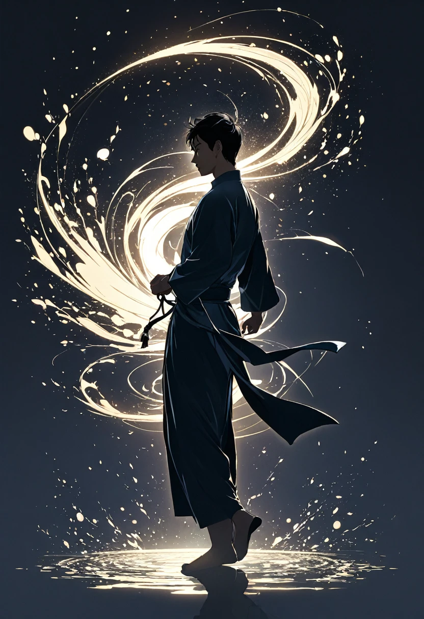 Man wearing Chinese clothes doing Tai Chi(dynamic) Simple textured silhouette graphic masterpiece, Beautiful detailed ultra high definition beautiful artistic man side view view (Simple silhouette) 在白色的背景下創造淡淡渐層的流暢有速度感的 dynamic模糊 迷幻 虚幻 飘忽 动态的淡淡漸層水墨流暢感 水墨潑濺 流動漸層速度感 高清細緻 大師藝術作品 矢量艺术效果 流動漸層水墨等元素 给作品带来生动和独特的氛围 光影效果矢量艺术中运用光影的效果,Create a sense of three-dimensionality and dynamics using simplicity in vector art、Pure expression,