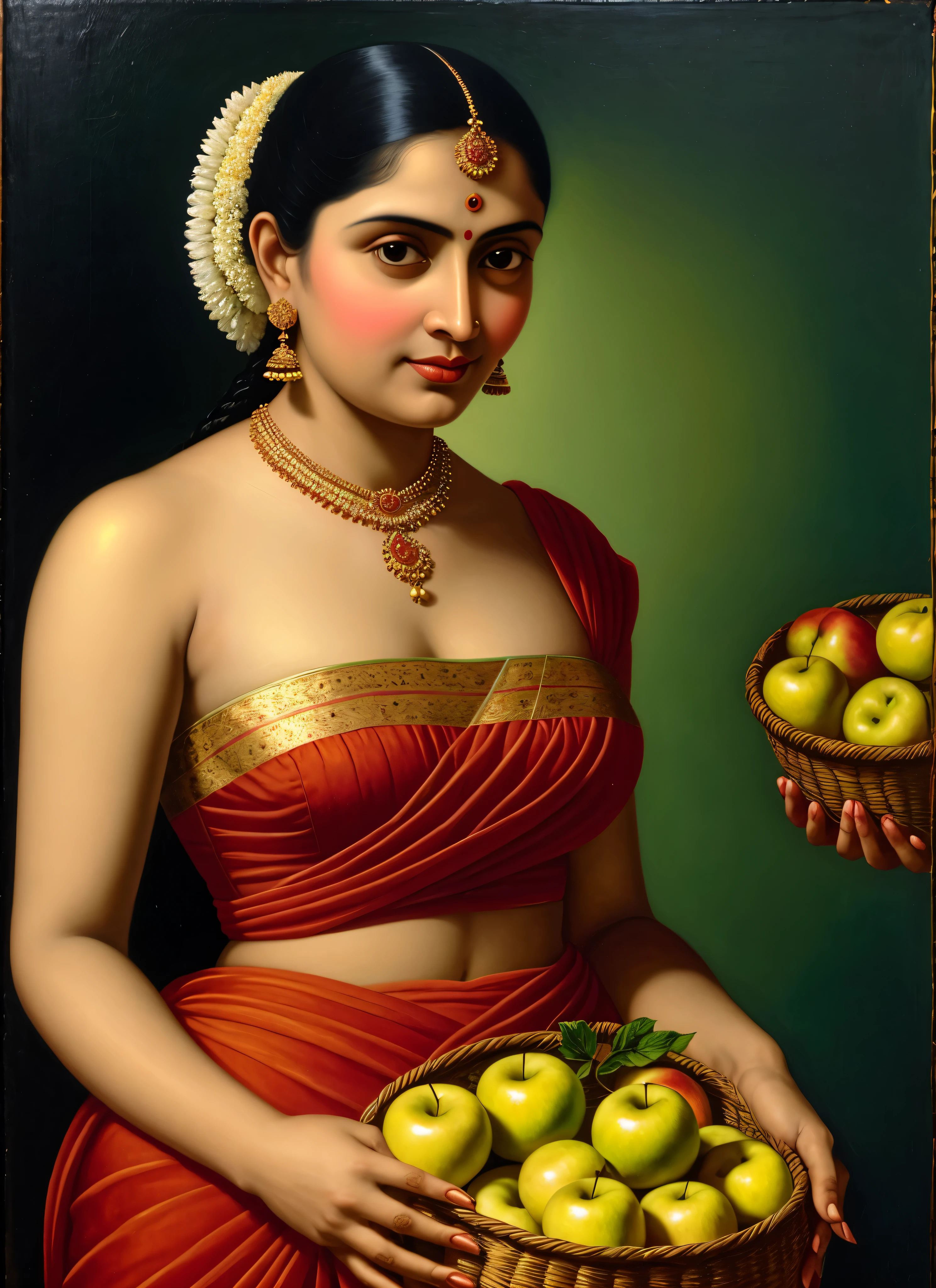 painting of a woman holding a basket of apples in her hands, inspired by Raja Ravi Varma, by Raja Ravi Varma, inspired by T. K. Padmini, szukalski ravi varma, portrait of a goddess, portrait of a beautiful goddess, a stunning portrait of a goddess, traditional beauty, portrait of modern darna, indian art