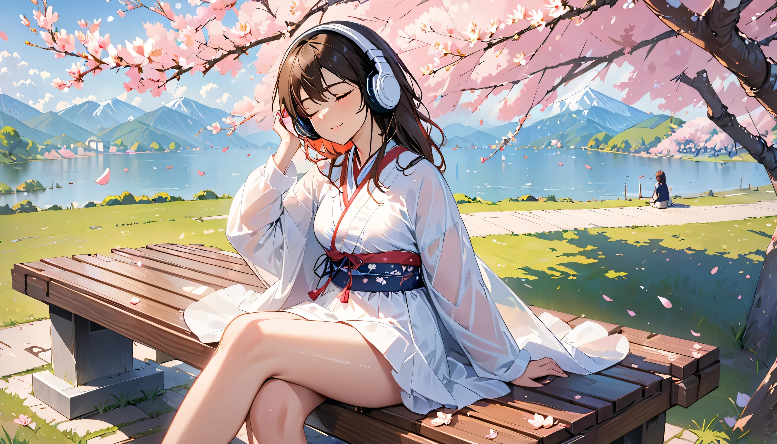 ((best quality)), ((masterpiece)), (detailed), perfect face, sitting under the cherry blossom tree, listening to music, One woman, wearing headphones, eyes closed, wearing underwear, underwear is transparent, sitting on a bench
