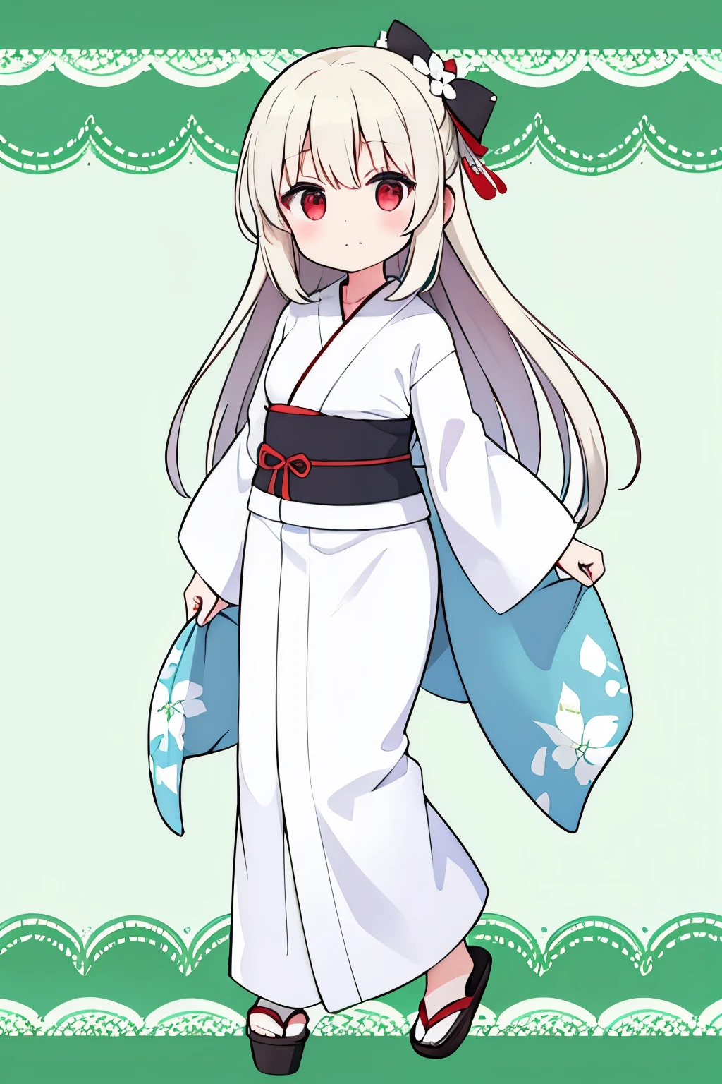 1 woman ,yukata white,No pattern,yukionnna,green background, white long hea,full body,red eye,sideways