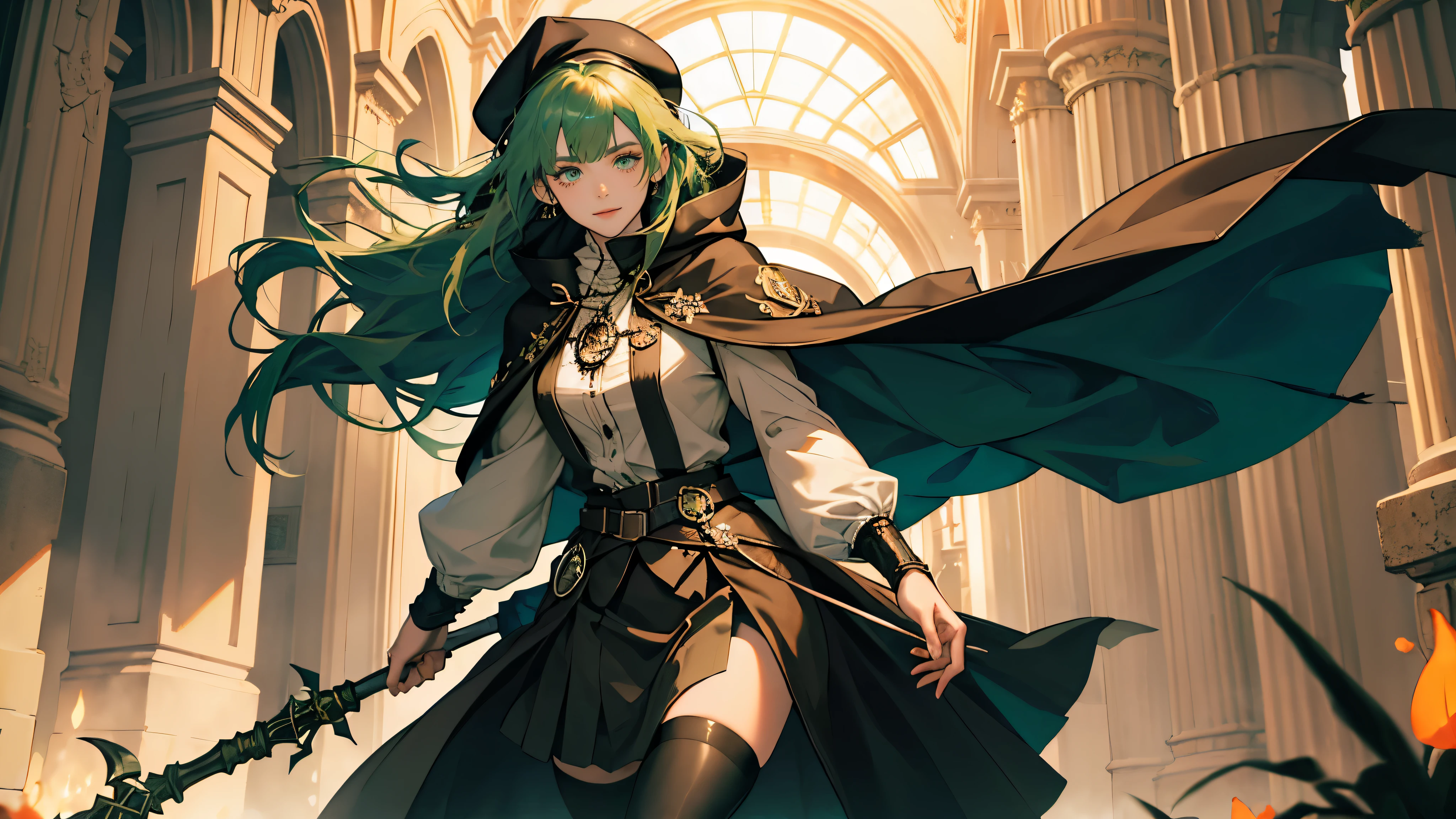 masterpiece, ultra detailed, 8K Portrait, Raw photo, a portrait photo of, Highly detailed face, beautiful and meticulous eyes, ((Fantasy)), Young beautiful, 22 years old, smile, dynamic pose, (((Long Straight deep green hair))), ((One side is woven with orange ribbon)), blunt bangs, beret, White skin color, Luxury, hooded (((dark brown))) (((silk long cloak))) fluttering in the wind, (((dressed shirt))), (((maxi skirt))), (((dark thigh high tights))), high cut leather boots, (((lift up long magical staff))), ((equip a pocket watch)), Body model, Small breasts, Beautiful breasts, Long legs, morning Sun, Hyper realistic, in a castle, Ambient lighting, Shadow details, strong breeze, Light fog