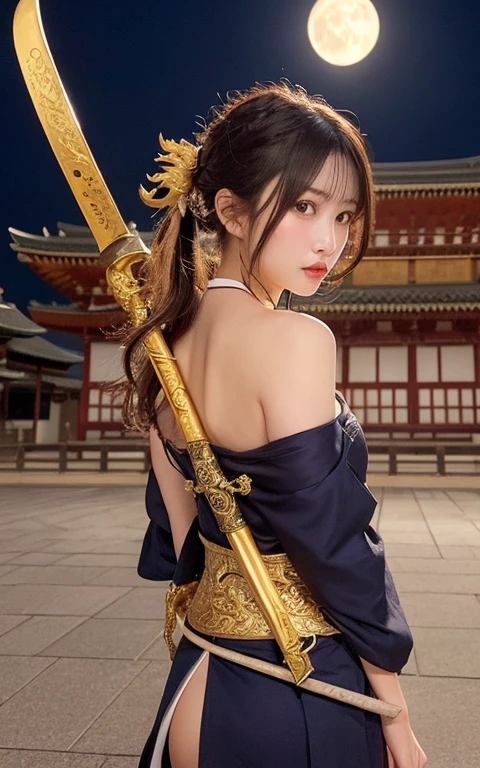 The background is the Sengoku period at night。A golden dragon is flying over the temple。Female warriors of the Sengoku period。With a big sword、She's dressed a little erotically.。