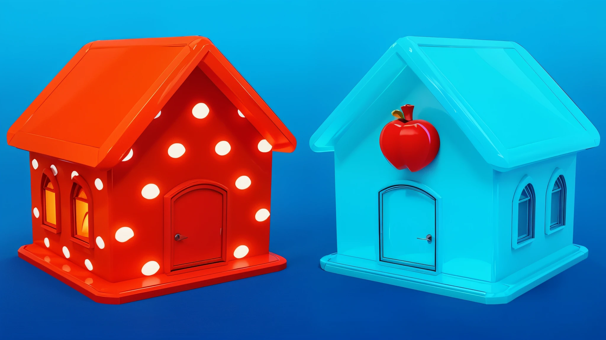 The image depicts two brightly colored houses, one red with white dots and the other blue. The image depicts a 3D character of a girl dressed in multicolored jester attire. She has a large red bow on her head, and her eyes are wide with surprise. She has her mouth open and appears to be pointing to the left. The background is a solid blue.Stylized 3D, chewing body, stylized character, 3D character, 3rd character A blue character with a hat, a sad face, and a yellow bow tie is standing in front of a door. It has two golden loops around its body. there is a blue-orange daddy long legs in a hat and a yellow rope, iconic character with high detail, 3 d illustration, 3d illustration, stylized digital illustration, art of mobile games, in the elevator, Digital illustration -, Game illustration, mobile game background, 2d digital illustration, evil. Bright colors. Cute, blue daddy long legs toy, glossy texture, smooth 3d model, A character head, wearing a pink dress and a crown, 3D icon for mobile game, cartoon key frame rendering, Cute 3D рендеринг, Friendly cat, zbrush color rendering. perfect cgi, cgi art created only with gradients, smooth silhouette, high intensity refraction, (plastic material), most beautiful vfx, blue background, plastic refractions, pink mommy long legs toy, smooth 3d model, multiple light sources, rim light, sharp post effects render, (gplastic texture with multiple big light probe refractions), perfect cgi, cgi art created only with gradients, smooth silhouette, high intensity refraction, (plastic material), most beautiful vfx, blue background, plastic refractionsмультяшная Young woman в красной юбке и синей рубашке, Чаки style, animated character, dancing character, 3rd character render, April render, 3rd character art, 3rd character, 3D character, cartoon character, Young woman, 3D rendering of characters 8k, Tuni, 3D rendering stylized