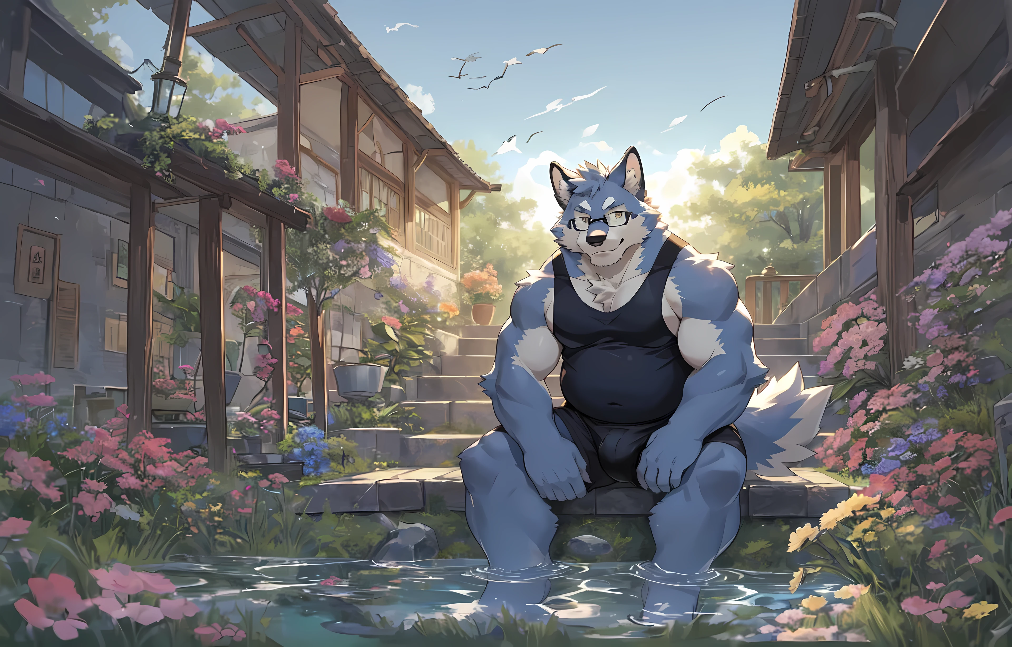 Complete courtyard,There are many flowers and grass,Extreme perspective details