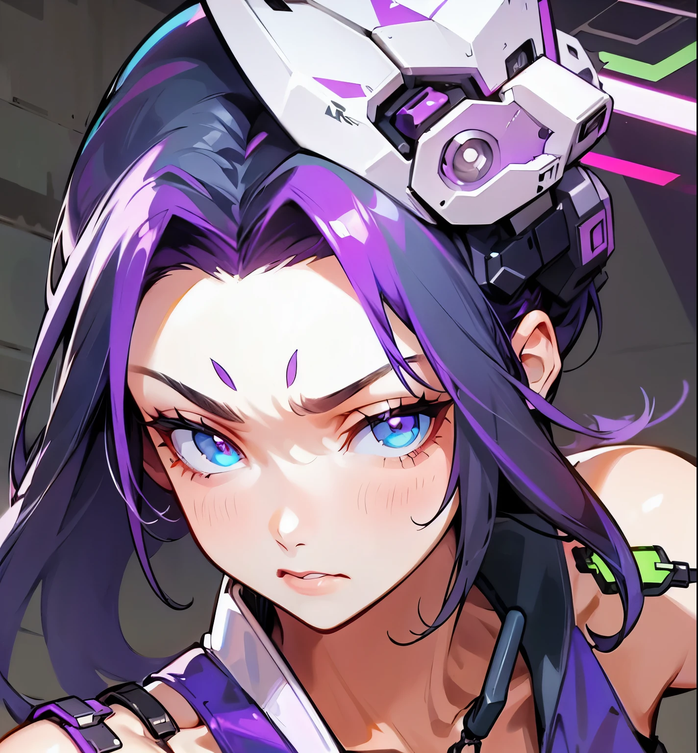 Brunette woman,Cyberpunk,Purple bangs, get angry,Thick coating,Realism