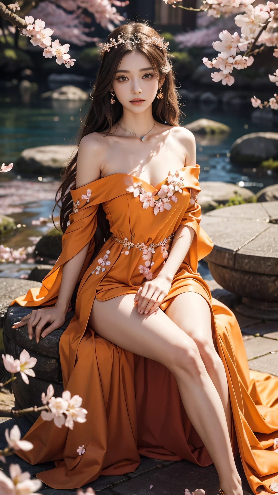 4K, Ultra HD, Masterpiece, 1 girl, (good face:1.4), detailed eyes, very long hair, princess dress, (orange dress:1.5), ((bare waist)), (wearing jwellery:1.5), (cherry blossom:1.5), (bloom effect:1.5), Detailed Fantasy Art, Stunning Character Art, beautiful Exquisite Character Art, Beautiful, Extremely Detailed, Exquisite Intricate Headdress and Jewellery, perfect body, looking directly at the audience, perfect body,