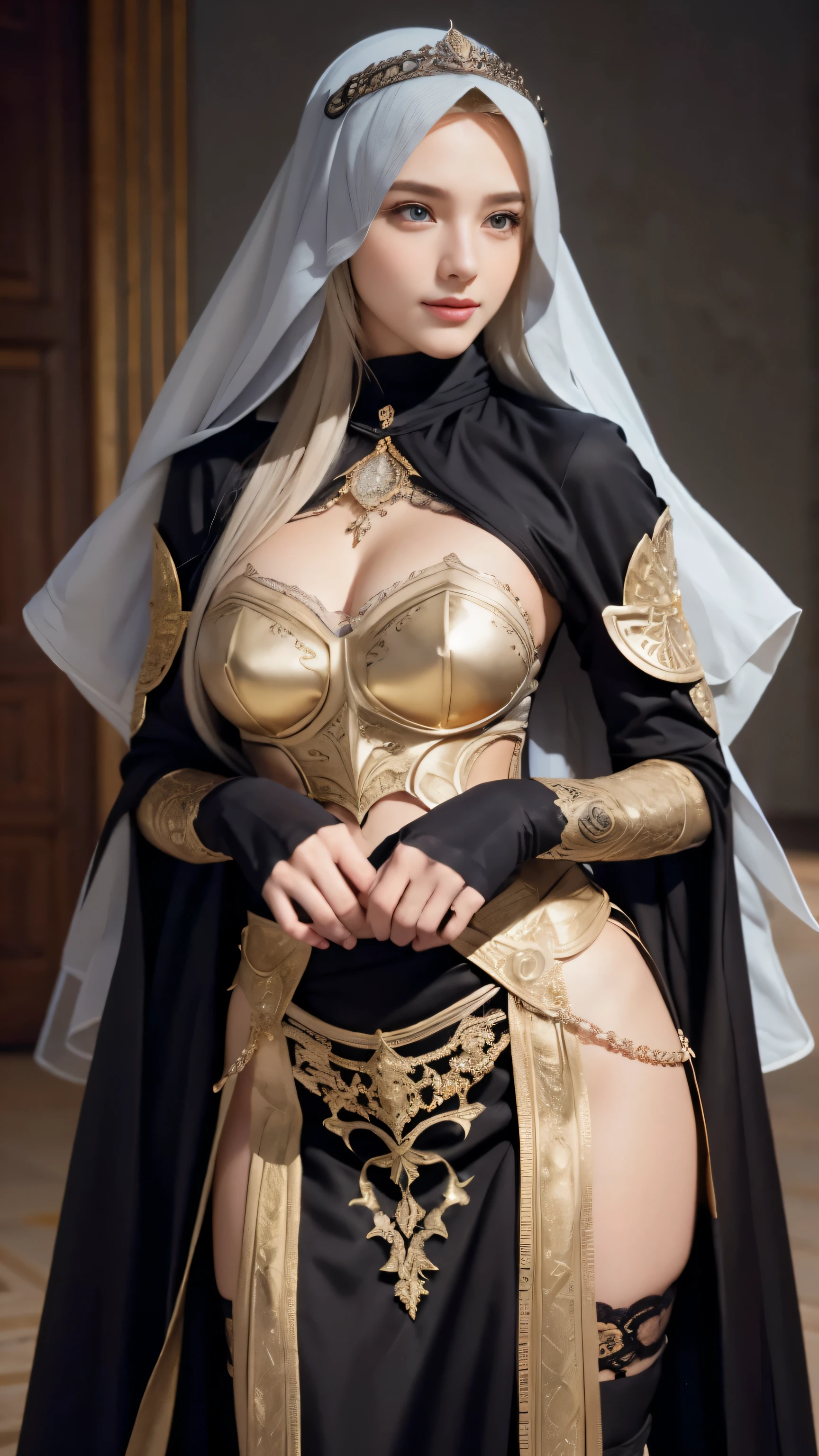 model shoot, (1 girl), long hair, blonde hair, Islamic warrior,silver hijab, golden black outfit, laces, shining:1.5, hyper realistic, super detailed, Dynamic shot, masterpiece, scene sharp détails, perfect eyes, perfect skin, perfect hands, standing, super colossal , super round breastall waist, blue eyes, super cute face, super beautiful, nice smile, blushing, ((holding a sword))