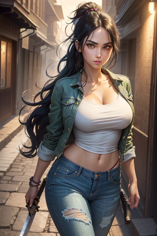 ((((a young woman))), anime, ( green eyes), (black hair), Beautiful face, smile, perfect body, Wavy hair, long hair, (((king))), big breasts, ((Masterpiece, best quality)), illustration, 8K Special Details, realistic, Sharp focus, very detailed, professional lighting, colorful details, rainbow colors, glow, complicated details, bright details, torn jeans, shoe, t-shirt, jeans jacket, My hair is tied into a ponytail., Katana in hand, long sword, evening, alleys, dusk, Hold the call for a moment., serious, prevent, fight
