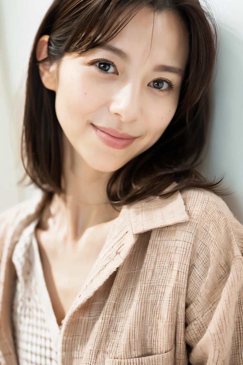 portrait, 8K, high quality, realistic photo image, Japanese woman, 40 years old, neat and clean wife, housewife, lovely wife, small breasts, very thin waist, reproduce natural and realistic eyes, cute face, detailed face, smile, beautiful black hair, octane rendering, beautiful lighting, golden ratio composition, casual clothes, sober clothes, casual attire, natural background, blurred background, light makeup, mature woman, background blur