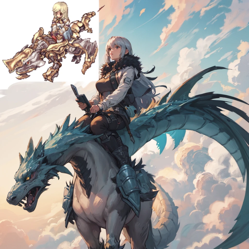 a close up of a peRson Riding a hoRse with a dRagon, final fantasy tactics chaRacteR, Riding a cyboRg RaptoR, teenage giRl Riding a dRagon, mechanized valkyRie giRl, fRom xenoblade chRonicles, Riding a dRagon, fat dRagon with RideR, dRagon RideR, final fantasy 1 2 style, zoids aRt, Riding a giant silveR wolf, /R/pixelaRt