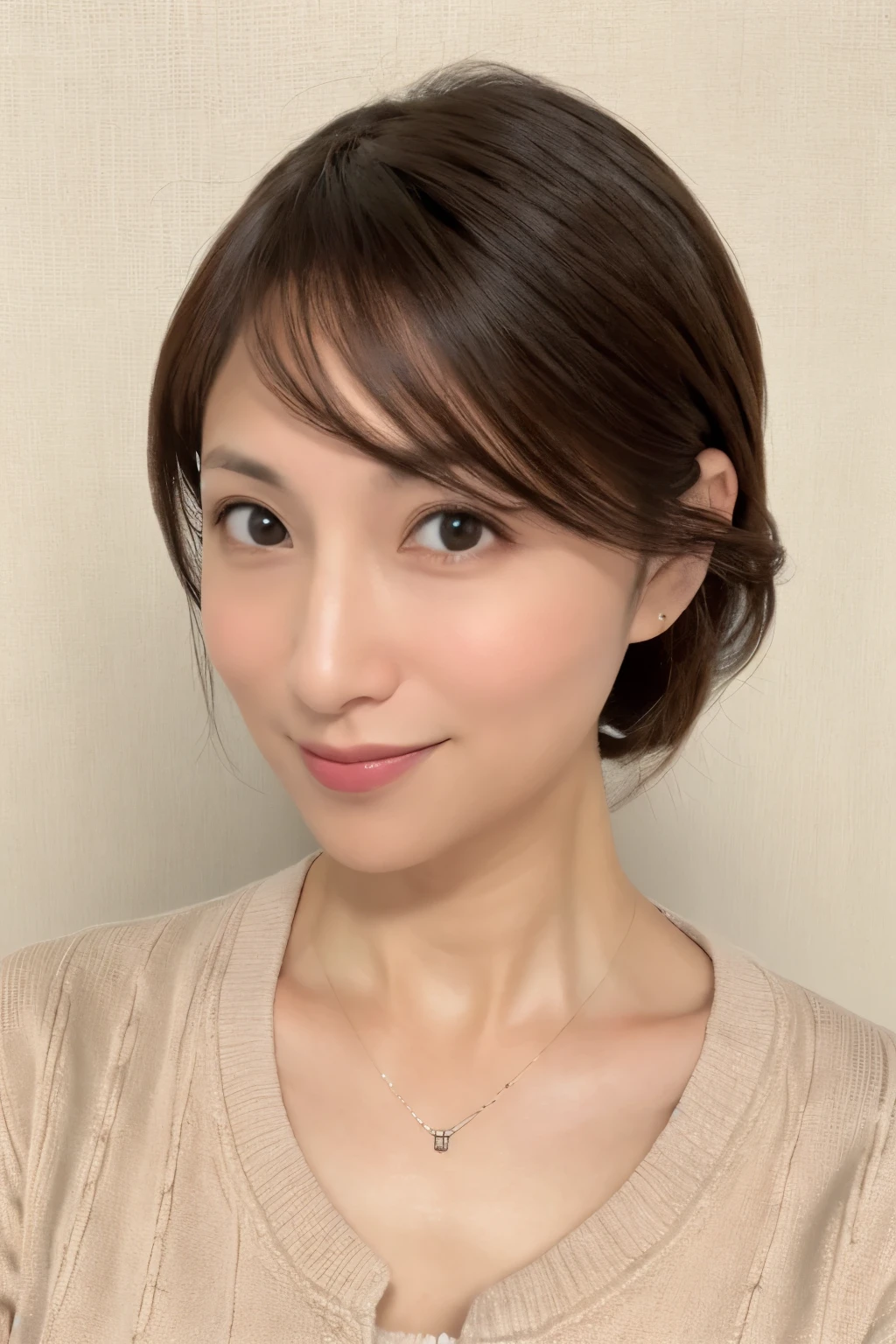 portrait, 8K, high quality, realistic photo image, Japanese woman, 40 years old, neat and clean wife, housewife, lovely wife, small breasts, very thin waist, reproduce natural and realistic eyes, cute face, detailed face, smile, beautiful black hair, octane rendering, beautiful lighting, golden ratio composition, casual clothes, sober clothes, casual attire, natural background, blurred background, light makeup, mature woman, background blur