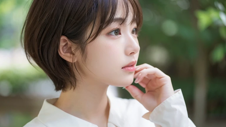 (short hair, profile:1.2),(Wearing a blouse:1.2),1 girl,Japanese,21 years old,(Small breasts:1.3),(highest quality,masterpiece:1.3,超A high resolution,),(Very detailed,Caustics),(Realistic:1.4,RAW shooting,)Ultra-Realistic Capture,Very detailed,High resolution 16K human skin close-up。 Natural skin texture、,pores、、、、、、、、、It must be detailed enough to be easily identifiable。 Skin tone is even and healthy looking。 Use natural light and color, Sad expression, Looking at the camera, Perfect dynamic composition, Outdoor