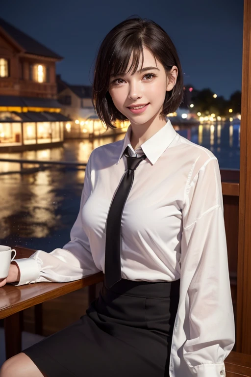(8k, highest quality, masterpiece: 1.2), (Realistic, Realistic: 1.37), Very detailed, 1 girl, cute, alone, Beautifully detailed skies, Detailed Cafe, night, Sitting, date, ( Red nose), (smile: 1.15), (Close your mouth) Small breasts, Beautiful details, (Collared shirt: 1.1), night, Wet, Business Wear, rain, white lace, (short hair: 1.2), Floating Hair NovaFrogStyle,