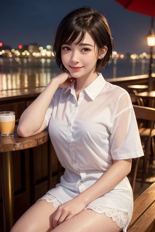 (8K, Highest quality, Tabletop:1.2), (Realistic, Photorealistic:1.37), Super detailed,((( 1 Girl))),alone,Beautifully detailed skies,Detailed Cafe,Daytime,Sitting,Date,(Red nose),(smile:1.15),(Mouth closed) Small breasts,Beautiful attention to detail,(shirt:1.1), Daytime, Wet, rain,White lace, (short hair:1.2),Floating Hair NovaFrogStyle, ((whole body)),stand, sexy, cute