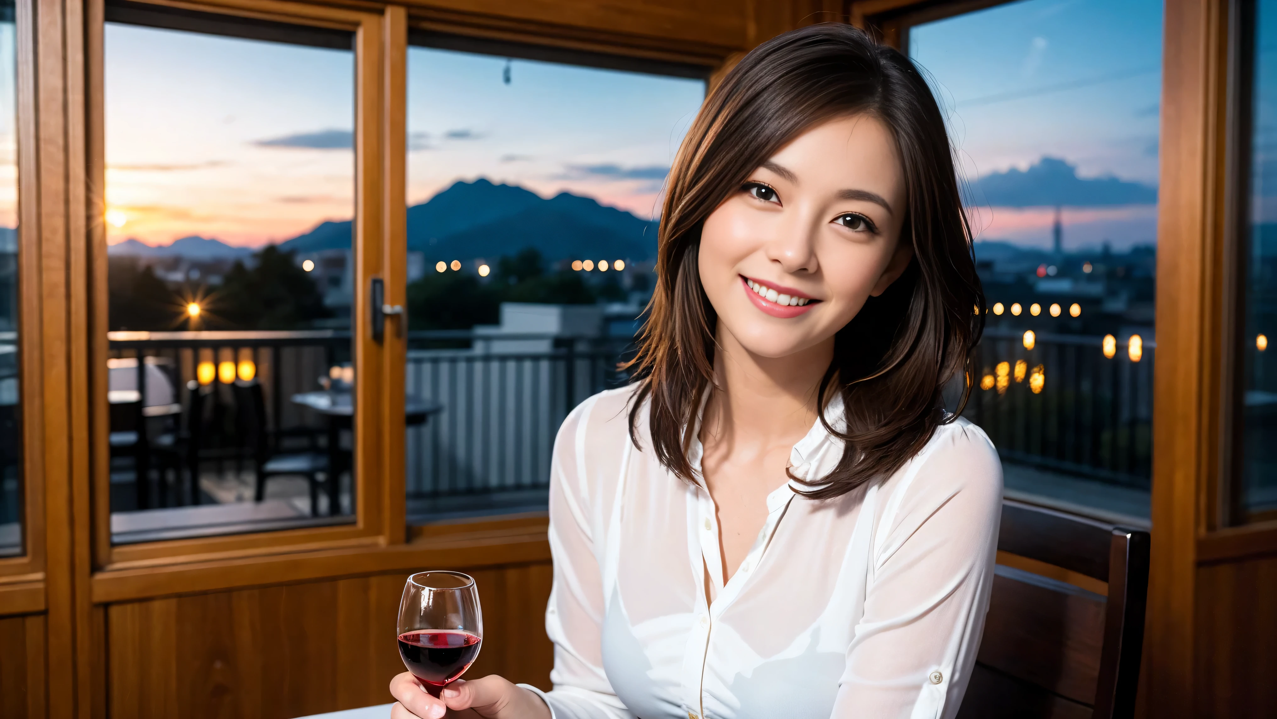 （Realistic:1.1）,(masterpiece,Highest quality)，8k,(44 years old), 47 years old, slimカップル、Model Couple、actress/actor、Tight waist,Upper Body,full-course dinner、wine 、Amazing view of the sunset sky and clouds、Perfect Anatomy, Brown Hair, short hair,Random Hairstyles,((Highly detailed face and eyes:1.2))(cute顔:1.4)，美しいactressの顔，Perfect golden ratio face，Long sleeve shirt、dress,(smile:1.2)、Shortcuts、cute、(Realistic, Intricate details:1.2), A bright smile、short hair,Bright Face、赤wine 、Appetizers、Italian food、wine bottle、Champagne、スパークリングwine、(slimな顔), (The body is slim), (Brown Hair), (Shortcuts),  Upper Body, 白wine, slim, wineグラス, 