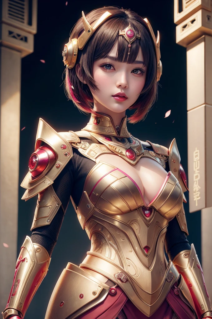 Beautiful Japan young woman, Wearing robot armor made of gold, Thick symmetry features, Very short hair, Background with cherry blossoms, Pink Halo, Red lips, Octane Rendering,