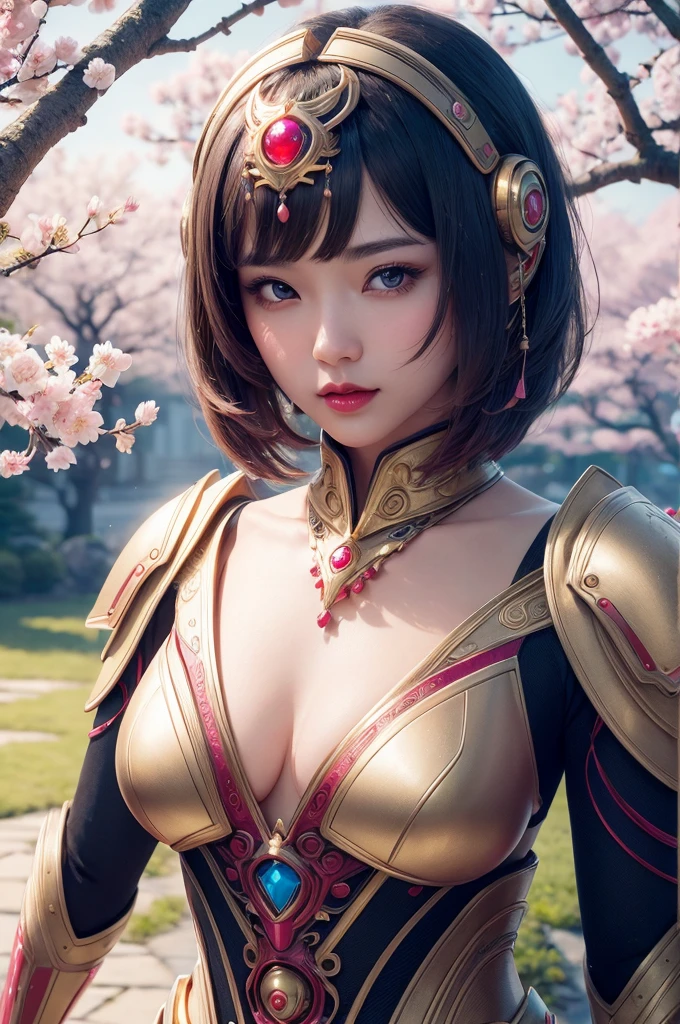 Beautiful Japan young woman, Wearing robot armor made of gold, Thick symmetry features, Very short hair, Background with cherry blossoms, Pink Halo, Red lips, Octane Rendering,