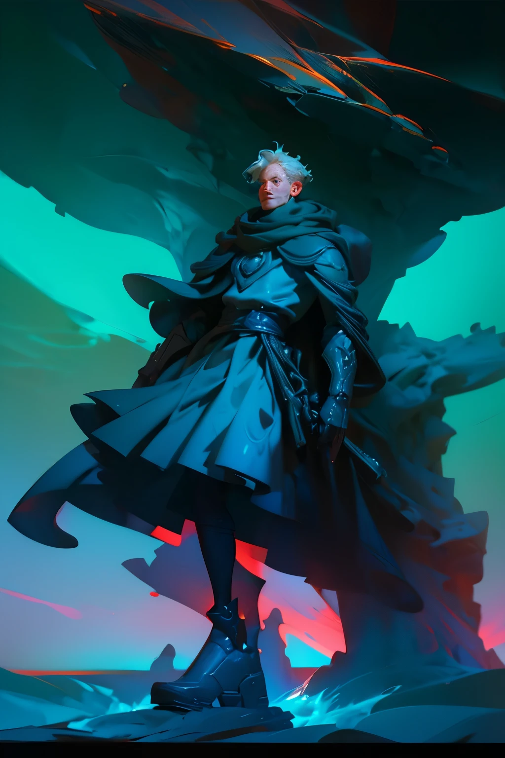 The comic superhero figure is depicted in his outfit, rendered in the distinctive style of Ursula von Rydingsvard, with her unique textured forms and organic shapes. The influence of Jack Kirby's dynamic lines and bold compositions can also be sensed in the image. The color palette is reminiscent of Anne McCaffrey's world-building, with light black and aquamarine hues dominating the scene. Chromatism is employed in a subtle manner, adding depth and tone to the image. The low resolution approach captures a sense of tranquility as the waters surrounding the figure remain calm, creating an atmospheric backdrop.