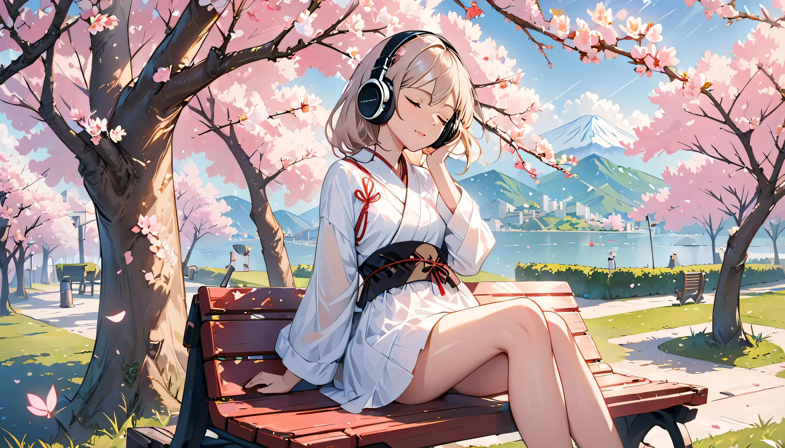 ((best quality)), ((masterpiece)), (detailed), perfect face, sitting under the cherry blossom tree, listening to music, One woman, wearing headphones, eyes closed, wearing underwear, underwear is transparent, sitting on a bench
