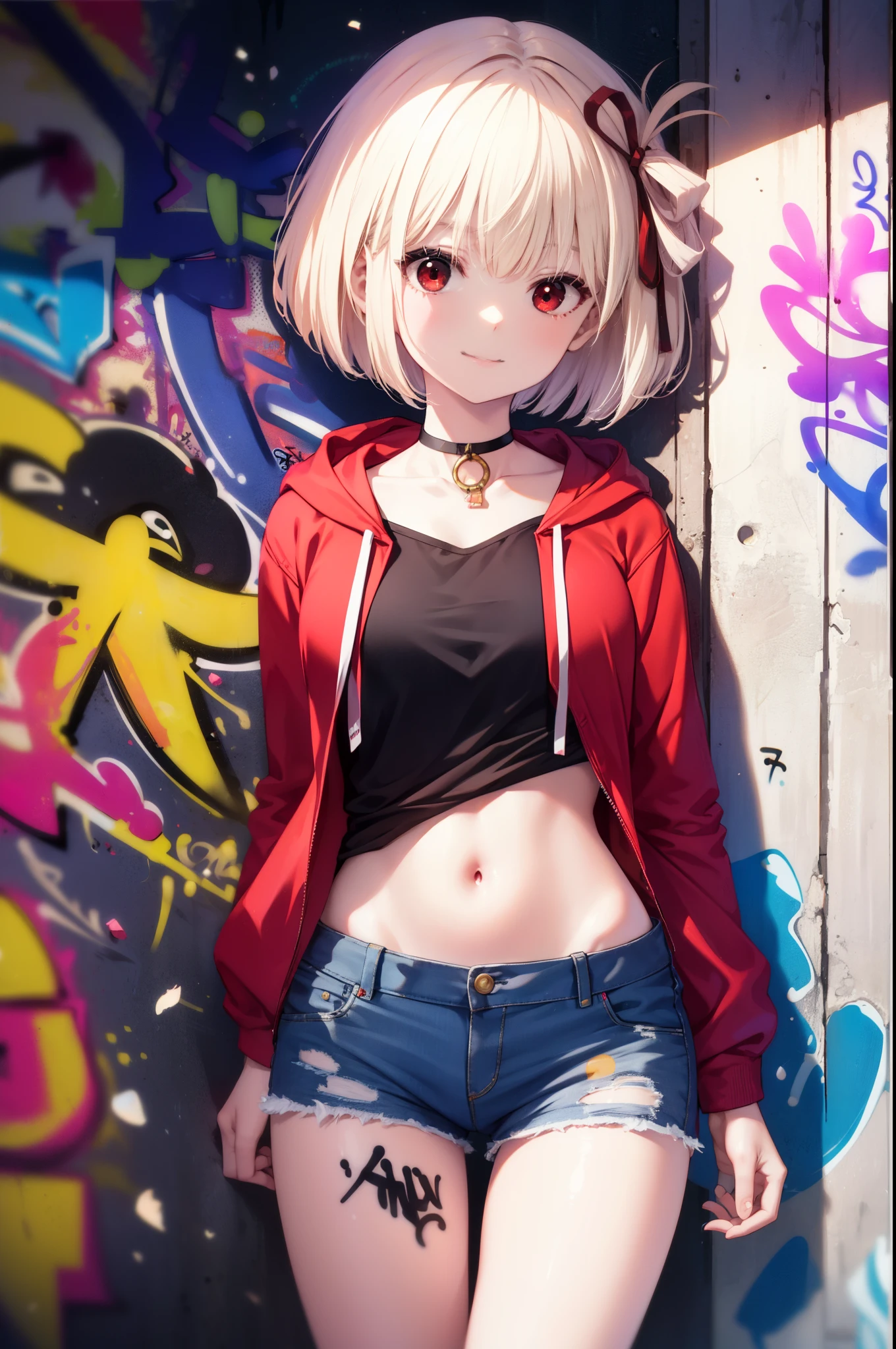 Chisato Nishikigi, Chisato Nishikigi, short hair, bangs, Blonde, (Red eyes:1.5), Hair Ribbon, One side up, happy smile, smile, red hoodie　Front open,Wearing a hood,Blowing bubble gum, Pink bubble gum,Bobcut,navel tank top,Denim shorts, choker, (graffiti:1.5), Paint splashes, Put your arms behind your back, Against the wall, Looking at the audience , Thigh straps, Tilt your head, was bored,break outdoors, alley,break looking at viewer, (Cowboy Shot:1.5),
break (masterpiece:1.2), highest quality, High resolution, unity 8k wallpaper, (shape:0.8), (Beautiful and detailed:1.6), Highly detailed face, Perfect lighting, Highly detailed CG, (Perfect hands, Perfect Anatomy),