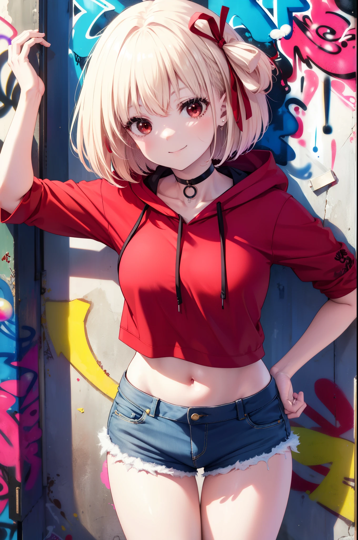Chisato Nishikigi, Chisato Nishikigi, short hair, bangs, Blonde, (Red eyes:1.5), Hair Ribbon, One side up, happy smile, smile, red hoodie Front open,Wearing a hood,Blowing bubble gum, Pink bubble gum,Bobcut,navel tank top,Denim shorts, choker, (graffiti:1.5), Paint splashes, Put your arms behind your back, Against the wall, Looking at the audience , Thigh straps, Tilt your head, was bored,break outdoors, alley,break looking at viewer, (Cowboy Shot:1.5),
break (masterpiece:1.2), highest quality, High resolution, unity 8k wallpaper, (shape:0.8), (Beautiful and detailed:1.6), Highly detailed face, Perfect lighting, Highly detailed CG, (Perfect hands, Perfect Anatomy),
