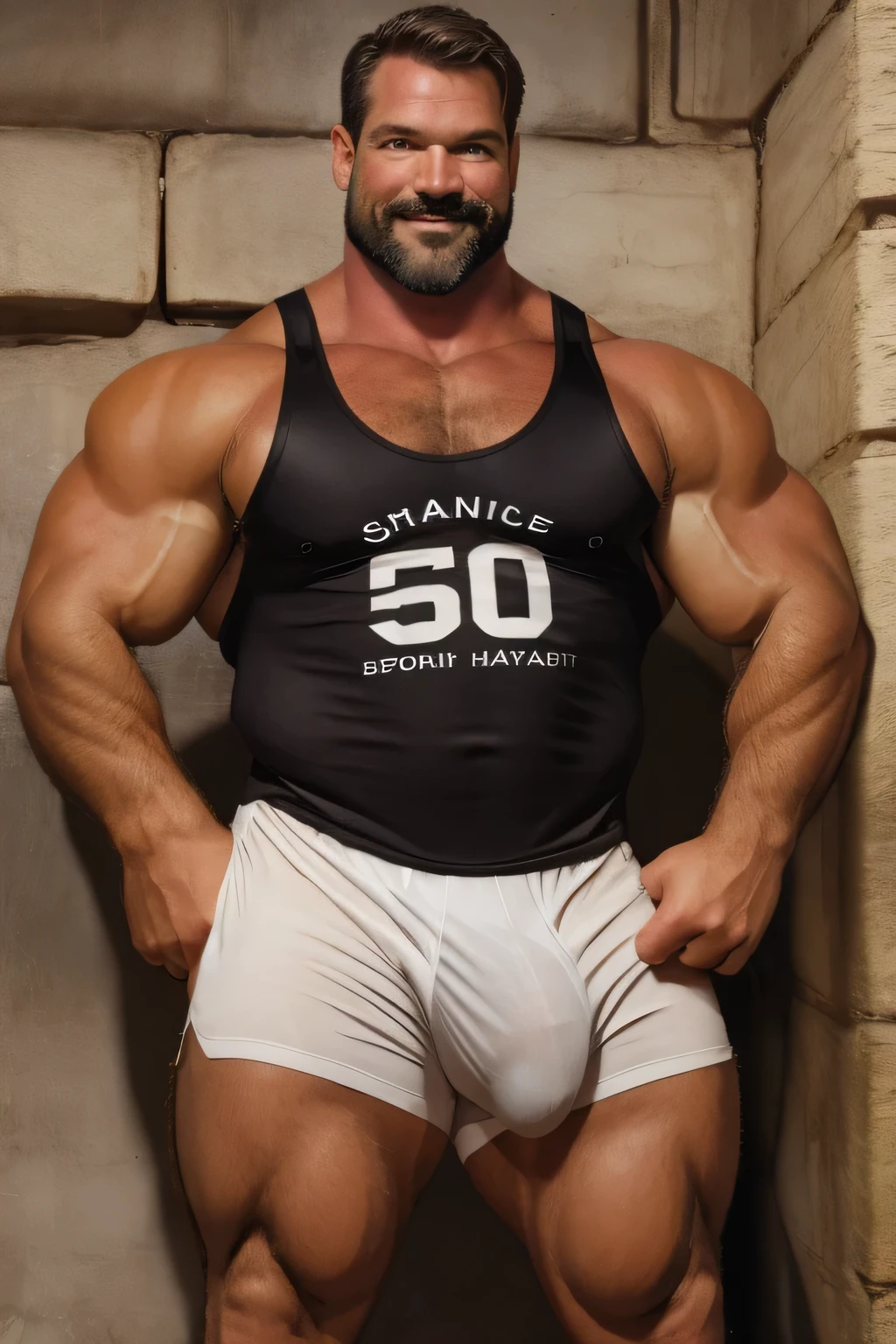 (handsome mature man), (50 yo), white man, wearing a tank top and sport shorts, bulge, (beefy:1.3), beard, looking at viewer, beautiful man, detailed eyes, symmetric face, smirk, robust, greying hair