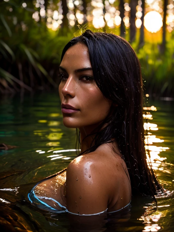 portrait of a brazilian mature woman, 48 years old. sunburnt ebony skin, (extreme long light hair), wavy at the height of the back, jade eyes, fluffy turned, ((big cheeks)), bathing in the natural, naked in a deep river and transparent waters, only with the head and neck out of the water, between reeds, (backlit), realistic, wearing naked_bandage brown, masterpiece, high quality, brightness, shadow, flower, [[chromatic aberration]], by Jeremy Lipking,  by Antonio J. Manzanedo, digital painting, Brazilian, 8k uhd, forest, river, wood, smoke, shadows, contrast, clear sky, style, (warm hue, warm tone)