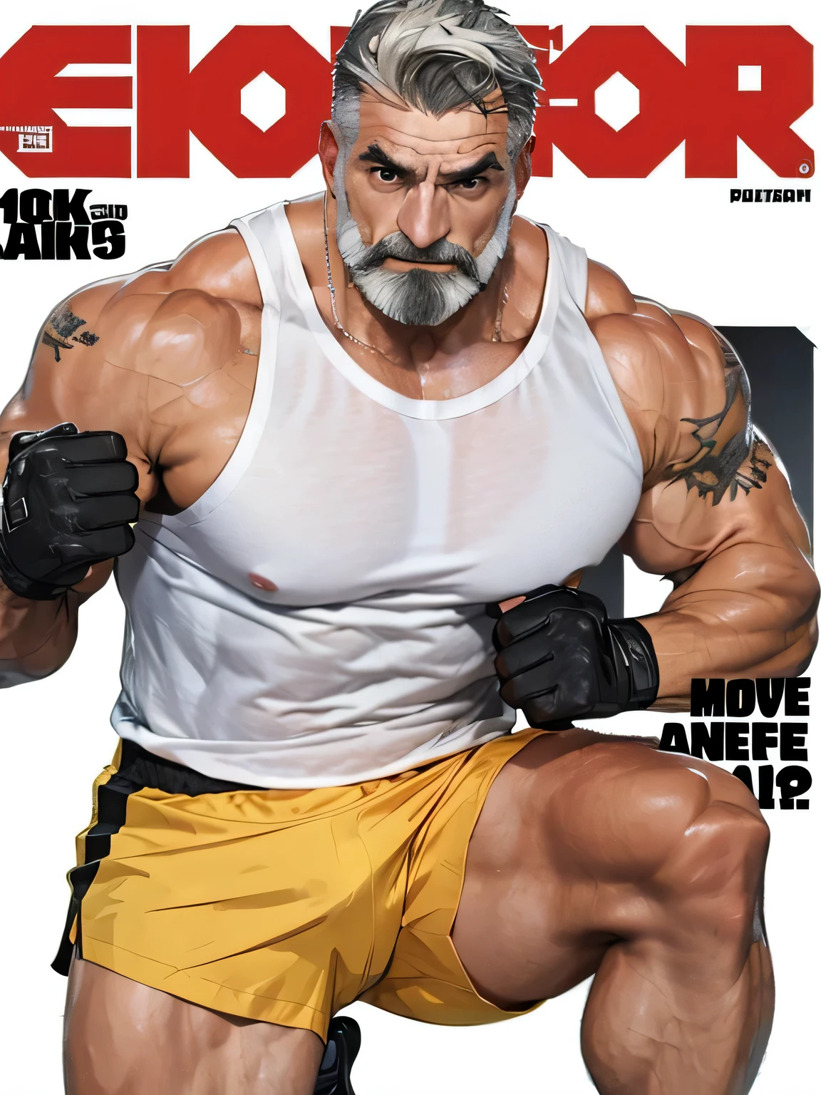 (magazine cover), with text, solo, 1boy, (Huge Muscular Old man as a boxer , wearing shorts, and tank top) (short hair, 2tone hair color, two tone hair colors, black and white hair color), pectoral, abnormal muscle size, very big muscle, absurdly muscle size, huge pectoral, wide pectoral, short white hair, short bearded, simple background, masterpiece, high detailed, 8k, high resolution, --style 250, -- v 6.0