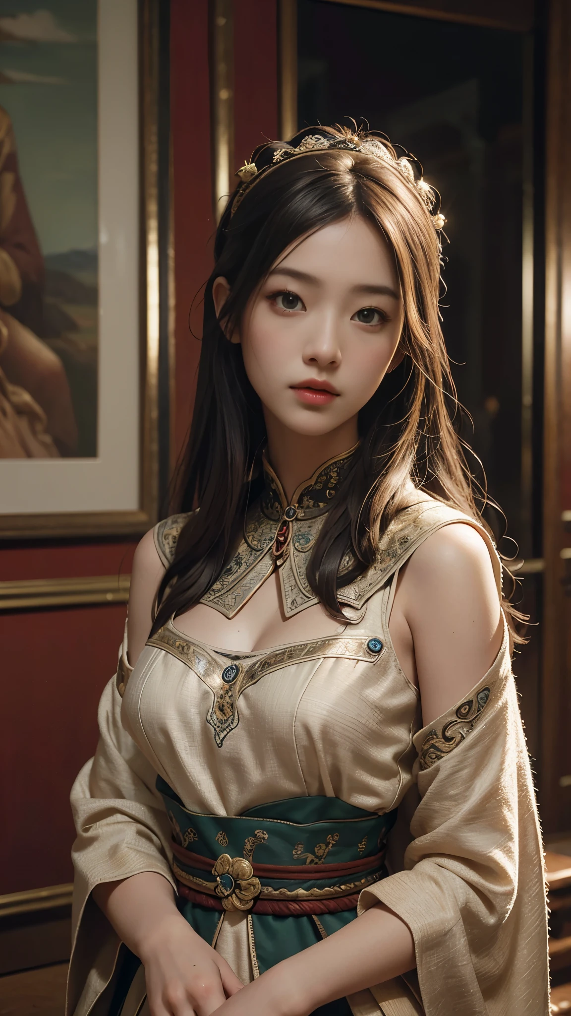 (RAW photo, best quality), (realistic, photo-realistic:1.3), best quality, extremely detailed masterpiece,
A single girl captivates the scene with her upper body displayed at a dynamic angle,
In the world masterpiece theater of CG unity, her messy long hair adds a touch of natural allure,
Illuminated by cinematic lighting and lens flare, the best quality illustration comes to life,
Dunhuang-style textures bring the intricately detailed image to a breathtaking 8k resolution.