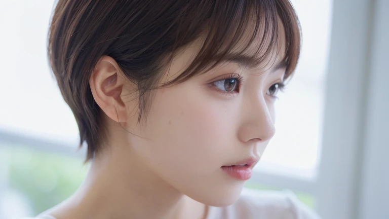 (short hair, profile:1.2),(Wearing a blouse:1.2),1 girl,Japanese,21 years old,(Small breasts:1.3),(highest quality,masterpiece:1.3,超A high resolution,),(Very detailed,Caustics),(Realistic:1.4,RAW shooting,)Ultra-Realistic Capture,Very detailed,High resolution 16K human skin close-up。 Natural skin texture、,pores、、、、、、、、、It must be detailed enough to be easily identifiable。 Skin tone is even and healthy looking。 Use natural light and color, Sad expression, Looking at the camera, Perfect dynamic composition, My Room